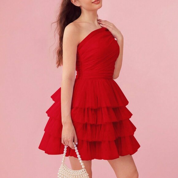 Red Elegant Women's Asymmetric Ruffle Layered Mesh Overlay Dress - Picture 5 of 8